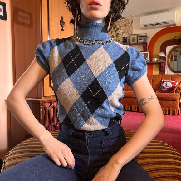 Y2K blue argile short sleeved turtleneck sweater shirt with puffed sleeve! - Picture 6 of 15